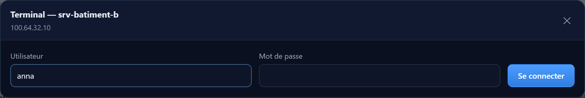Panneau terminal : saisie de l'utilisateur et du mot de passe, bouton Se connecter.