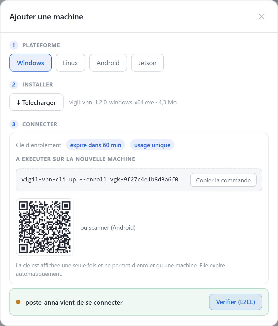 Capture d’écran de l’assistant : la machine « poste-anna » vient de se connecter, avec le bouton « Vérifier (E2EE) ».