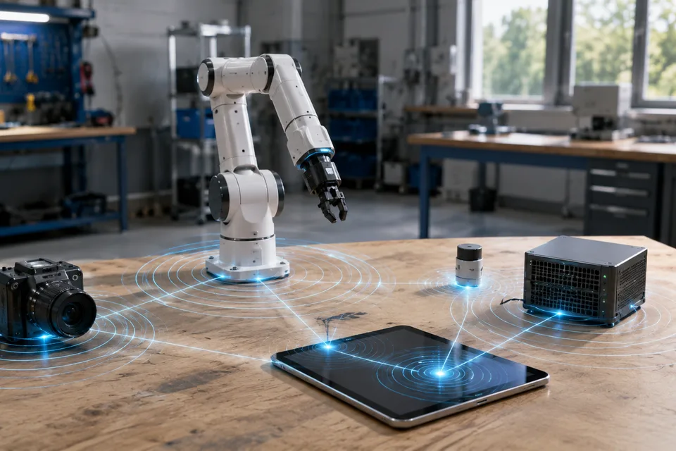 Caméra, bras robotisé et tablette reliés en mesh dans un atelier