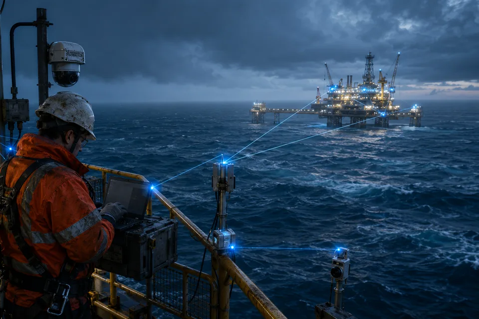 Opérateur terrain connecté au mesh sur une plateforme offshore